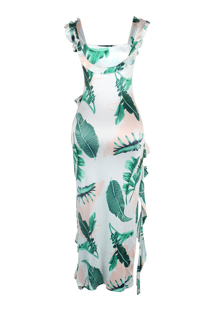Long Strapless Dress With Slits and Tropical Print
