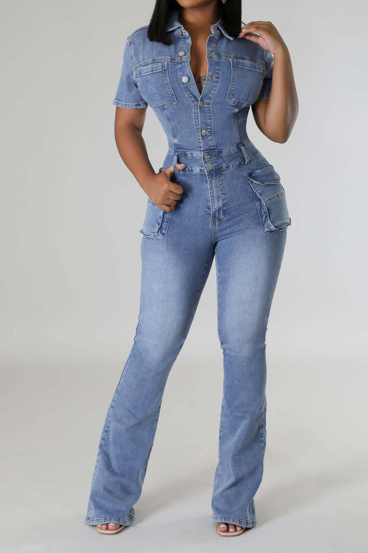 Turndown Collar Denim Jumpsuit