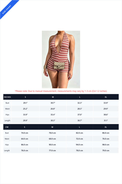 Striped Ribbed Plunge Halter Romper