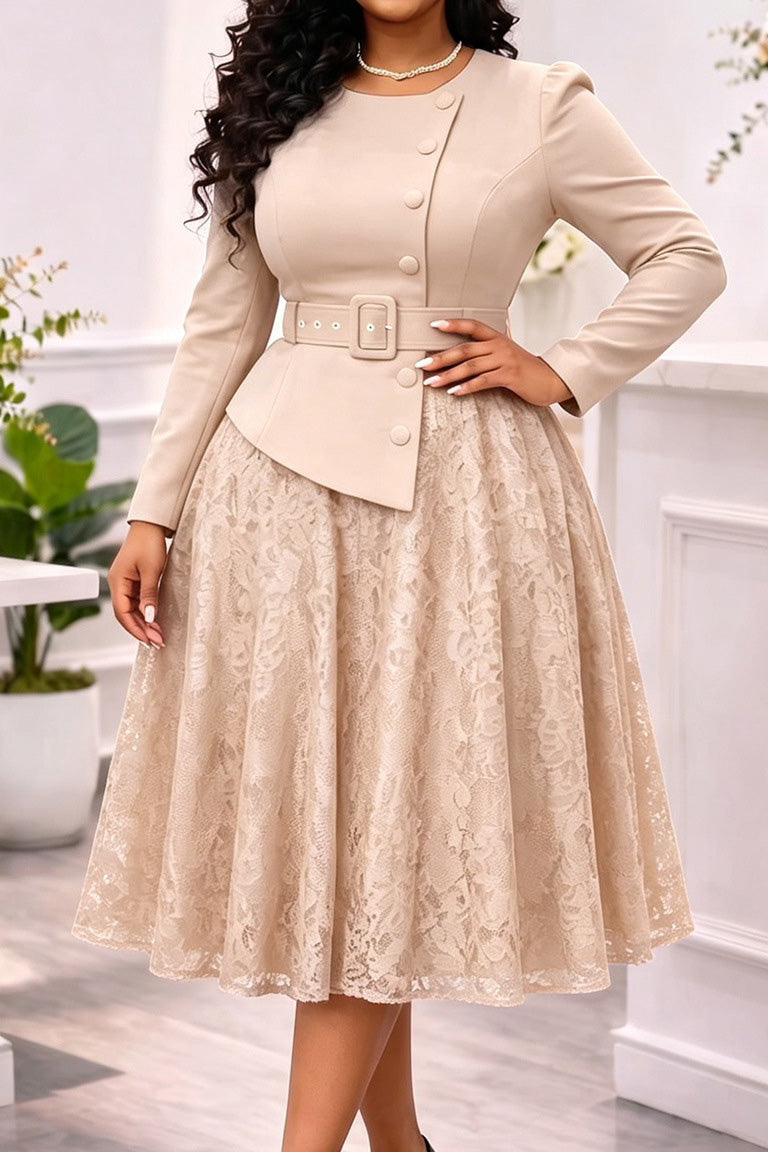 Belted Jacket Lace A Line Midi Dress