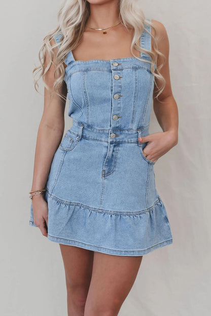Square Neck Button-Front Denim Mini Dress