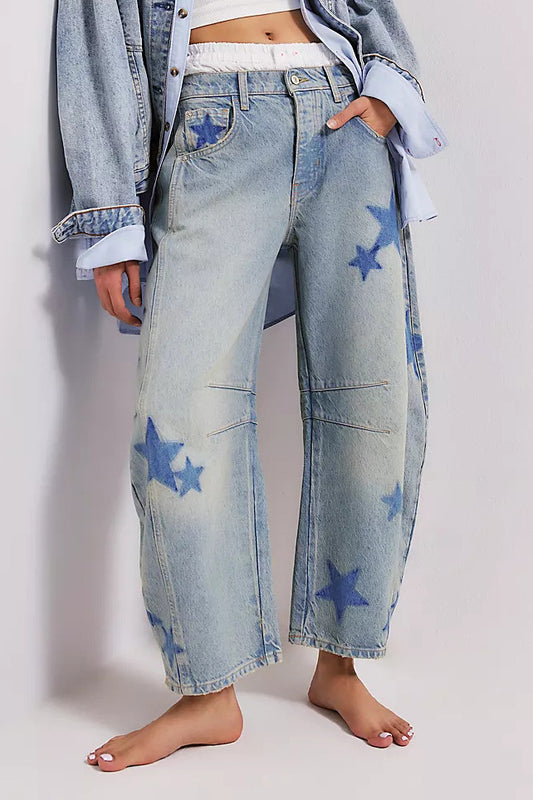 Star Print Relaxed Barrel Leg Jeans