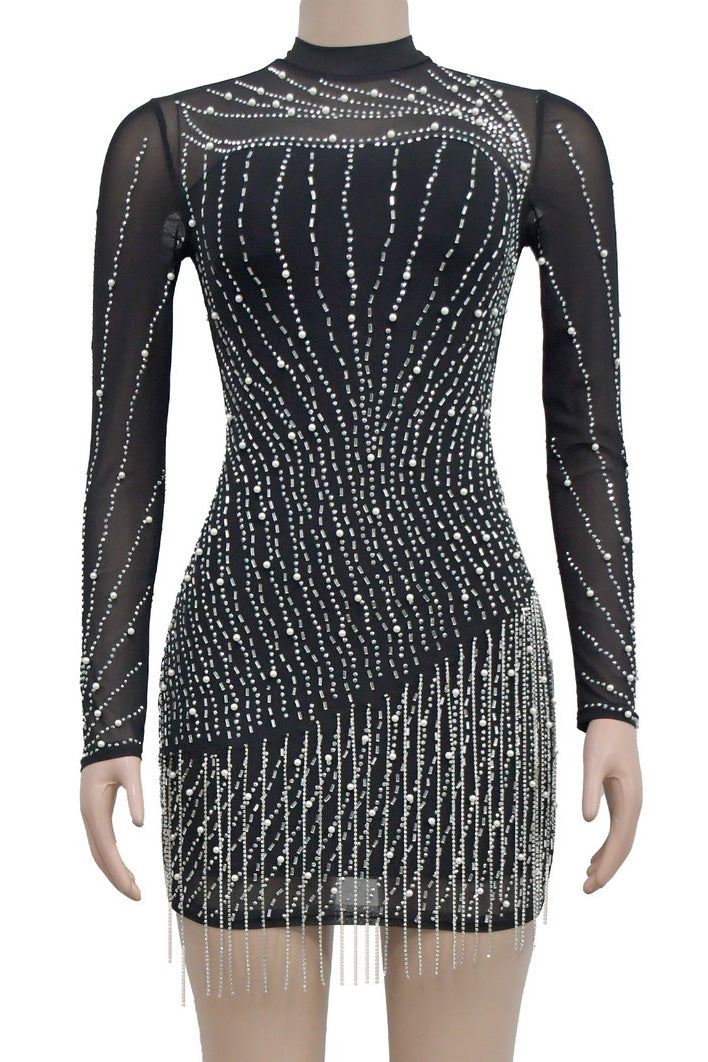Glitzy Rhinestone Pearl Fringe Mini Dress