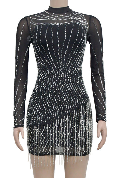 Glitzy Rhinestone Pearl Fringe Mini Dress