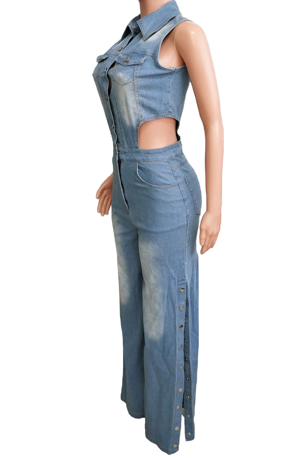 Sleeveless Cut Out Wide Leg Slit  Denim Jumpsuit