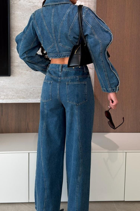 Contrast-Stitch Denim Jacket & Wide-Leg Jeans Set