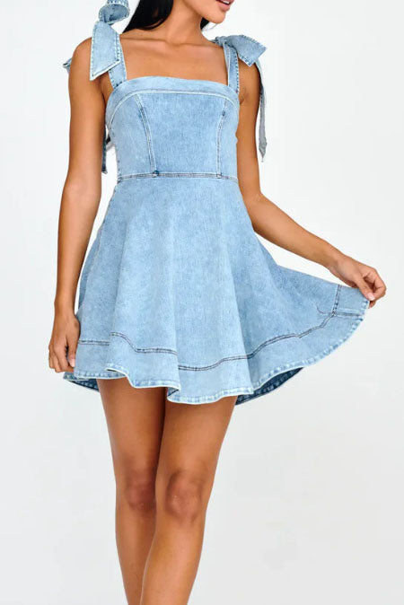 Square Neck Tie Shoulder Denim Dress