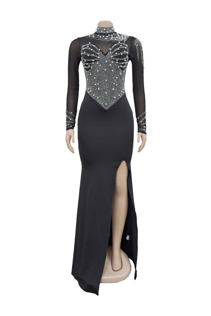Rhinestone Mesh High Slit Maxi Dress