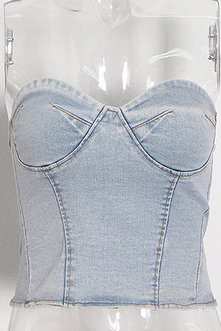 Denim Tube Top Wide Leg Pants Set