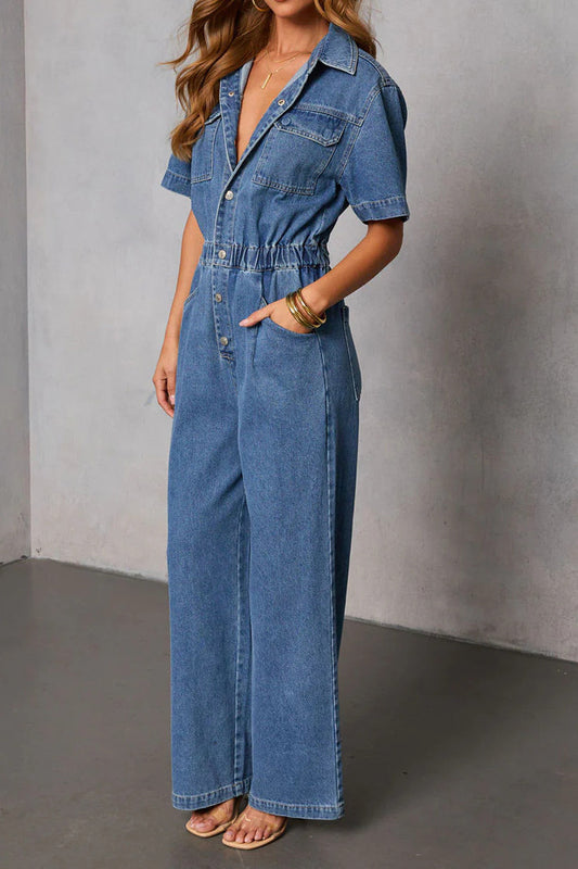Elastic Waist Denim Jumpsuit Short Sleeve Wide Leg