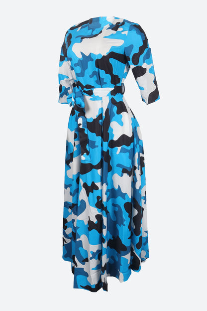Print Crew Neck Half Sleeve Belted Dress