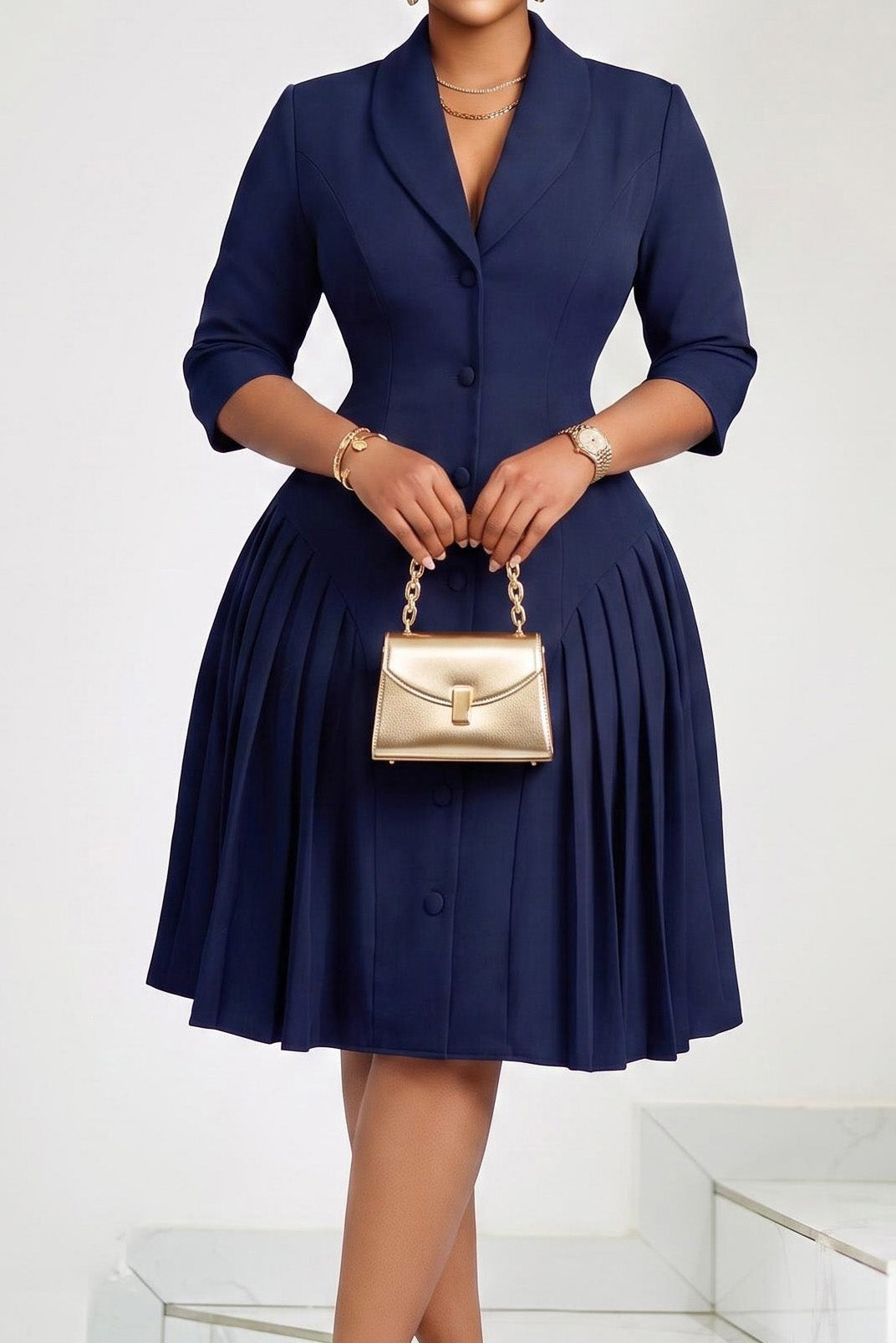Pleated Button Front Blazer Midi Dress