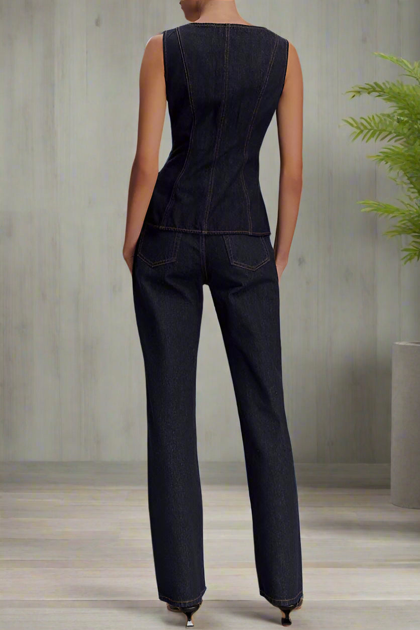 High Waist Jean Set with Button Top & Pants