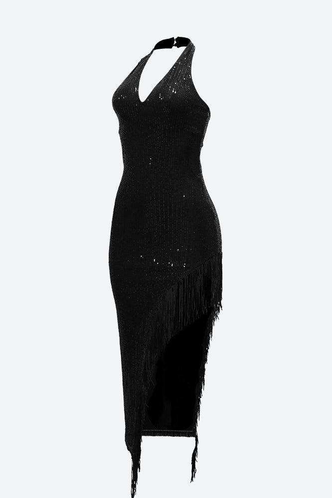 Halter Tassel Fringe Sequin Maxi Dress