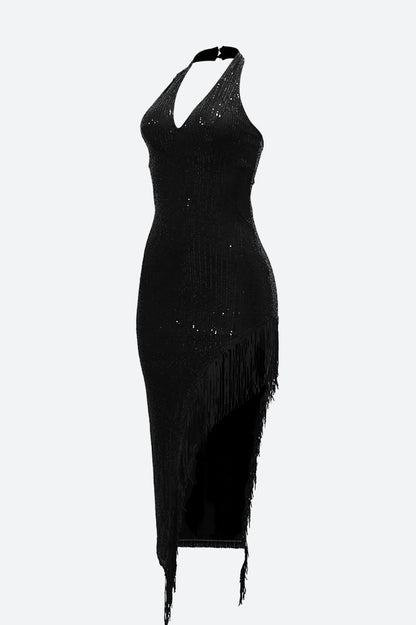 Halter Tassel Fringe Sequin Maxi Dress