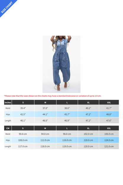Denim Drawstring Wide Leg Overall Jumpsuit