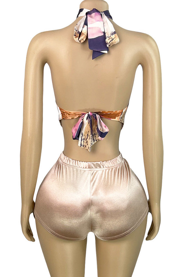 Satin Halter Tie Top and Shorts 2-Piece Set