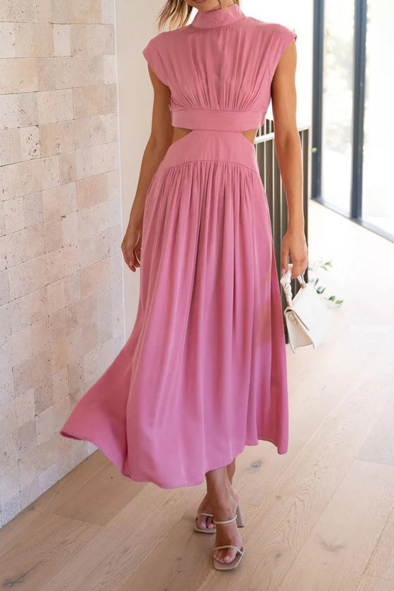 Mock Neck Cut Out Pleated Maxi Dress