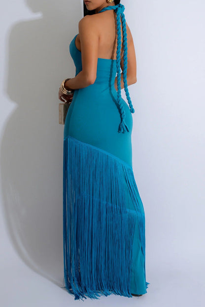 Halter Cutout Fringe Maxi Dress