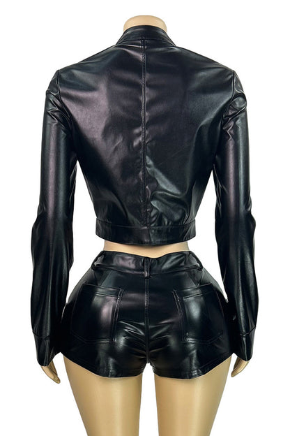 Leather Stand Collar Zip Jacket and Shorts Set