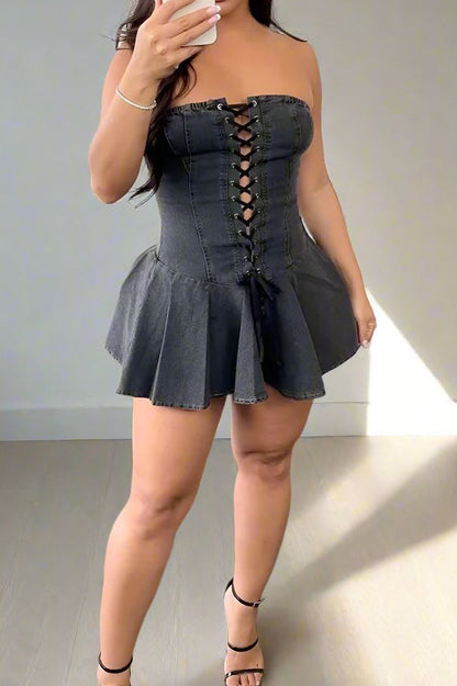 Sweet Denim Corset Flare Mini Dress