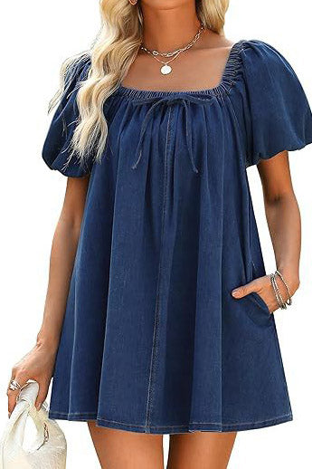 Bubble Sleeve Square Neck Denim Babydoll Dress
