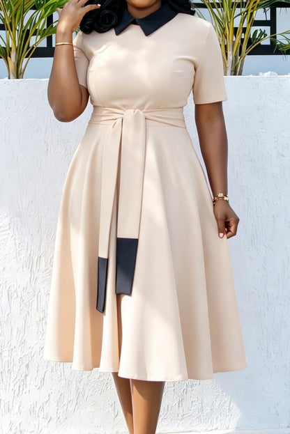 Contrast Collar Tie-Waist A-Line Midi Dress