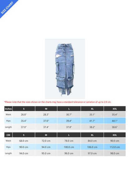 Slit Ripped Pocket Cargo Denim Skirt