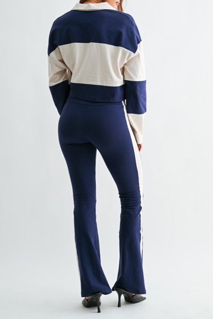 Colorblock Polo Top & Flare Pants Set