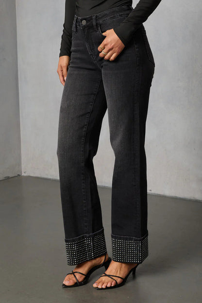 Washed Rhinestone Straight Leg Jeans