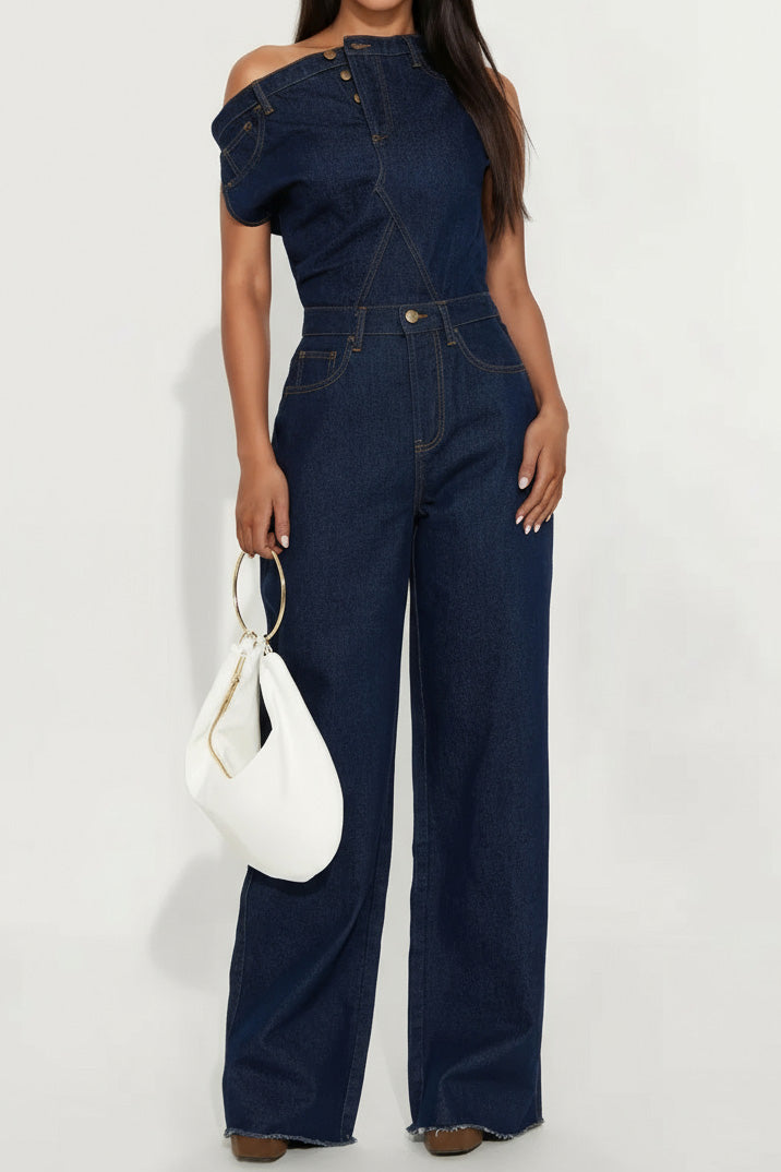 Strapless Off-Shoulder Fitted Denim Jumpsuit