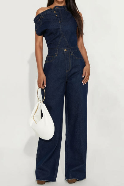 Strapless Off-Shoulder Fitted Denim Jumpsuit