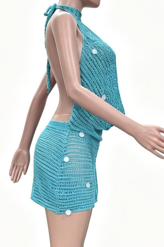 Embellished Plunging Cowl Neck Crochet Mini Dress