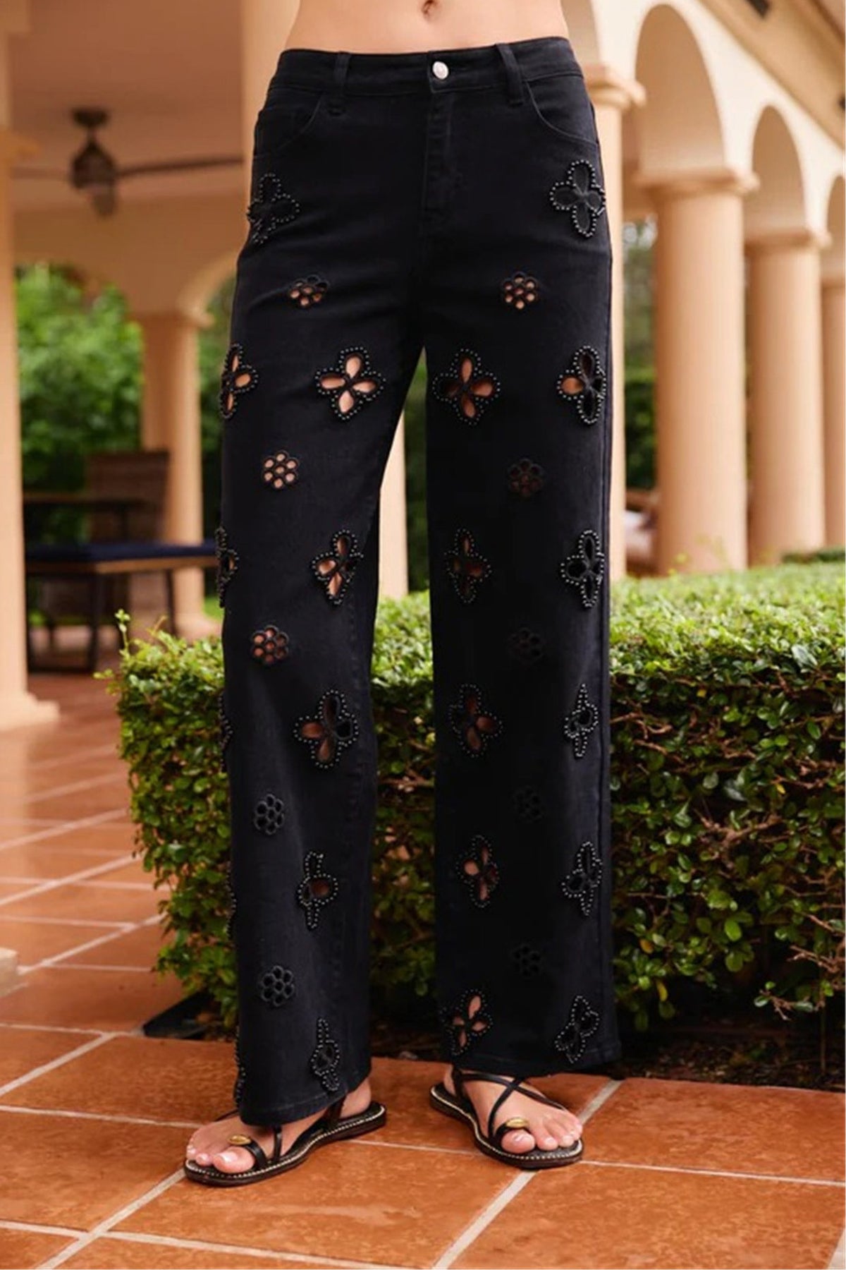 Pearl Embellished Floral Cutout Jeans