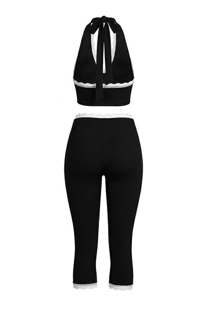 Lace Trim Ribbed Capri Set