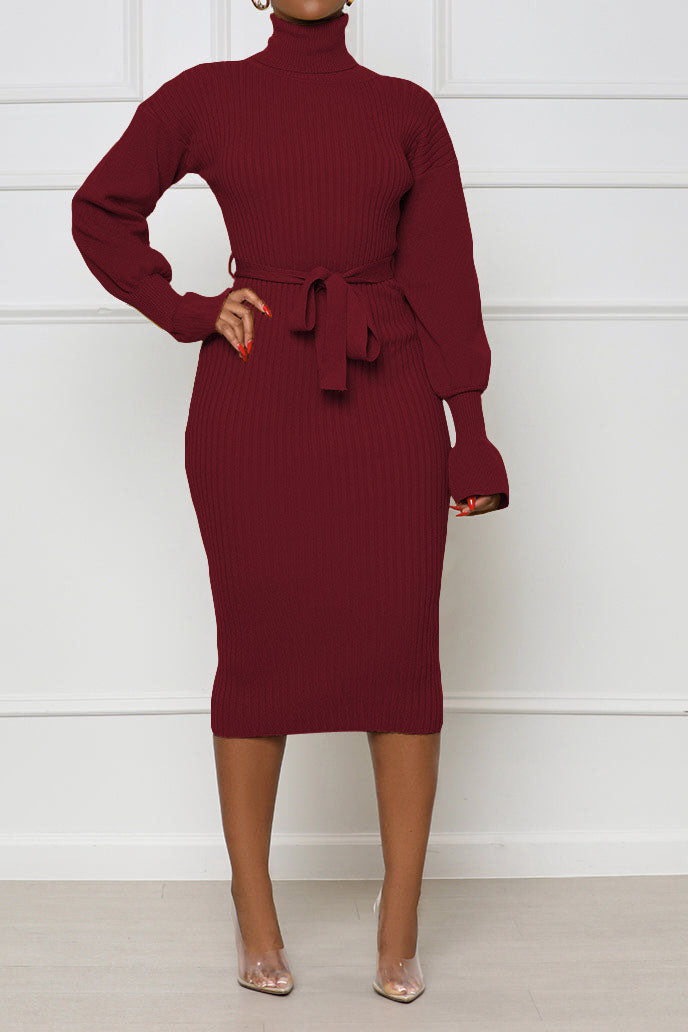 Rib Knit Tie Waist Midi Dress