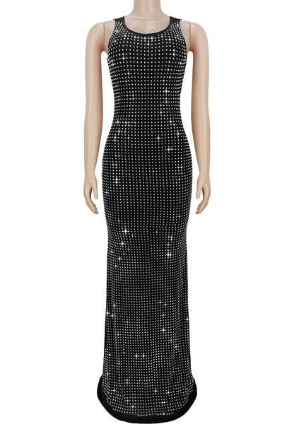 High-Waist Rhinestone Maxi Dress