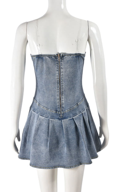 V Neck Pleated Denim Dress