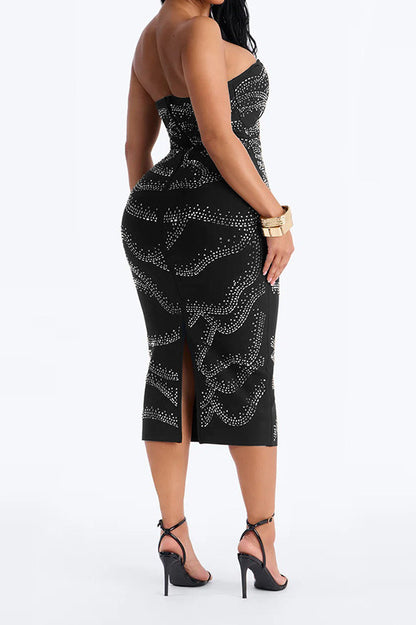 Strapless Rhinestone Bodycon Midi Dress