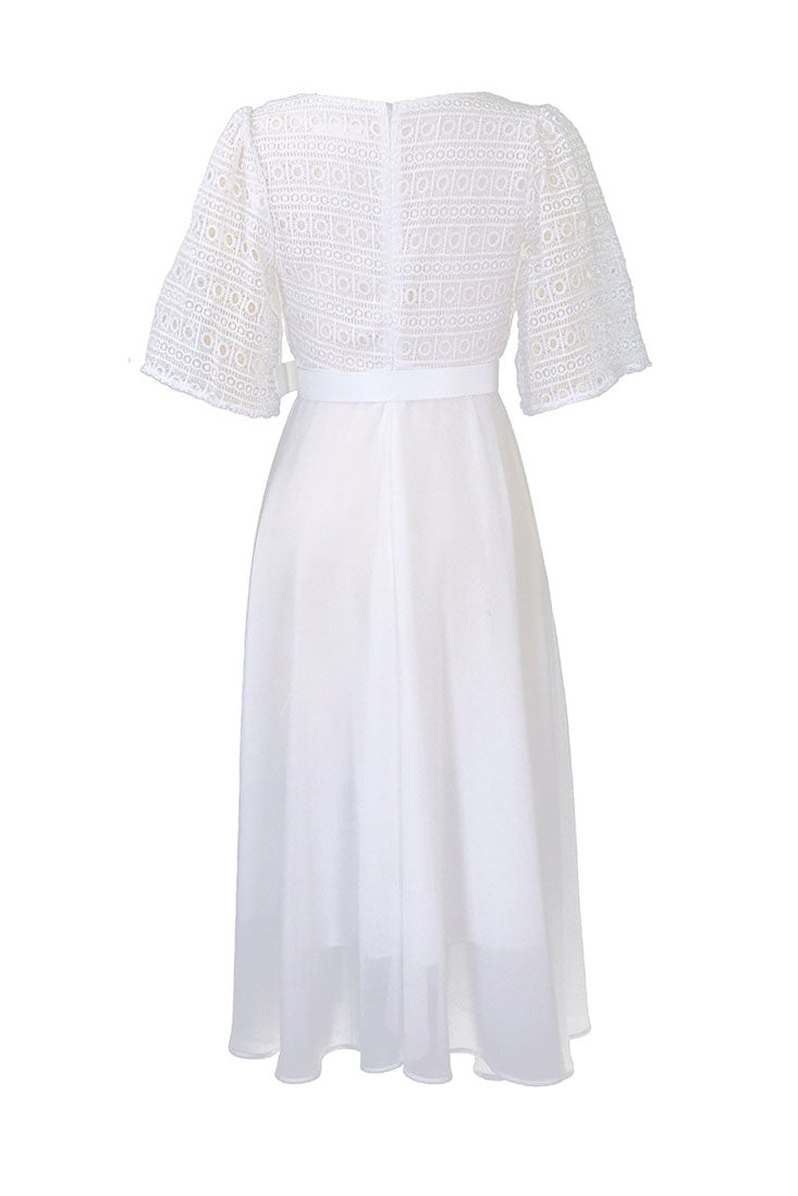 Square Neckline Lace Sleeve Midi Party Dress