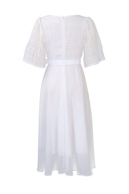 Square Neckline Lace Sleeve Midi Party Dress