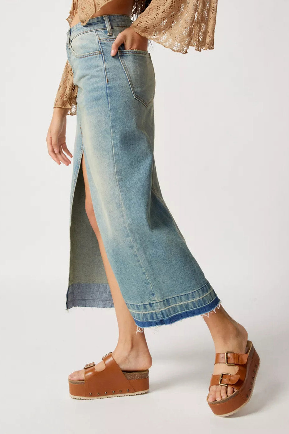 Slim Fit Vintage Denim Long Skirt