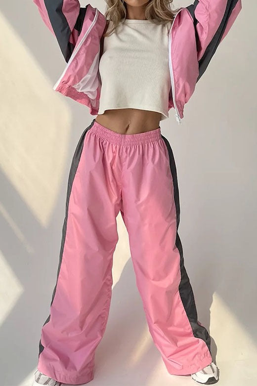 Contrast-Panel Zip Jacket & Wide-Leg Pants Set