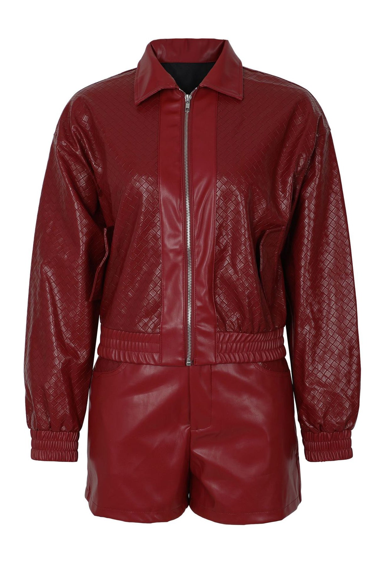 Woven Faux Leather Bomber Shorts Set