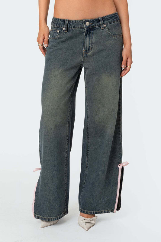 Washed Bow Slit Wide Leg Denim Pants
