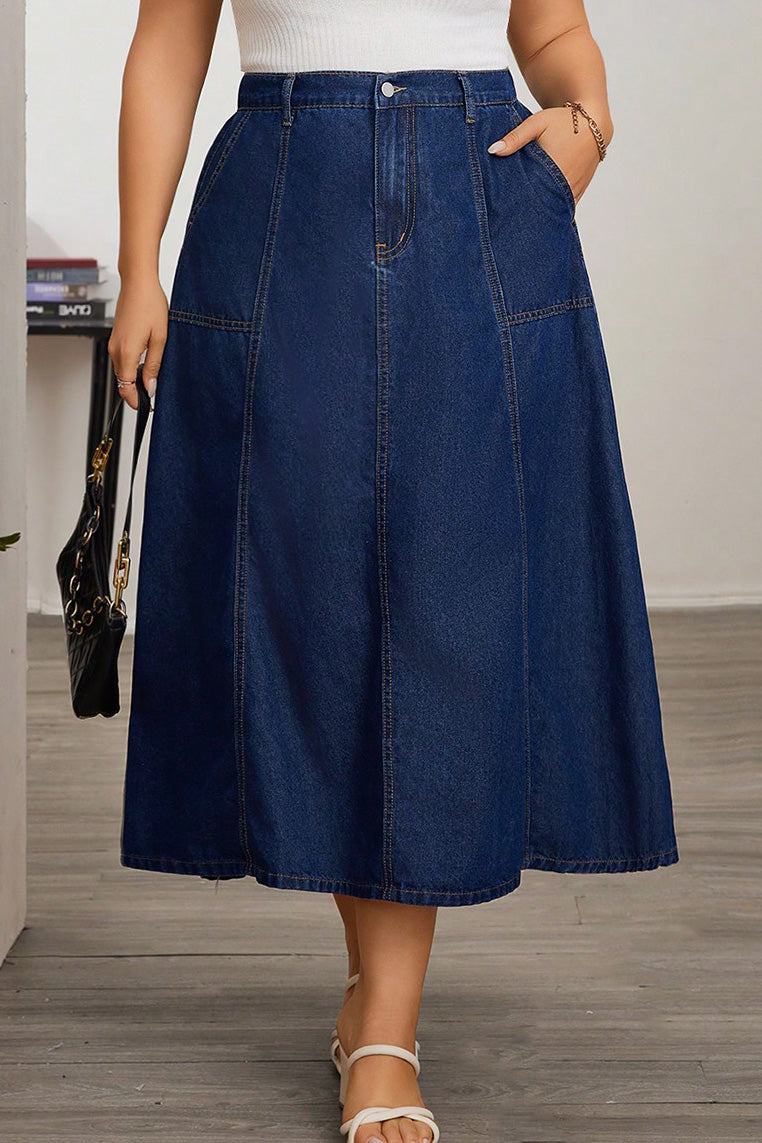 Plus Size High Waist A-Line Denim Maxi Skirt