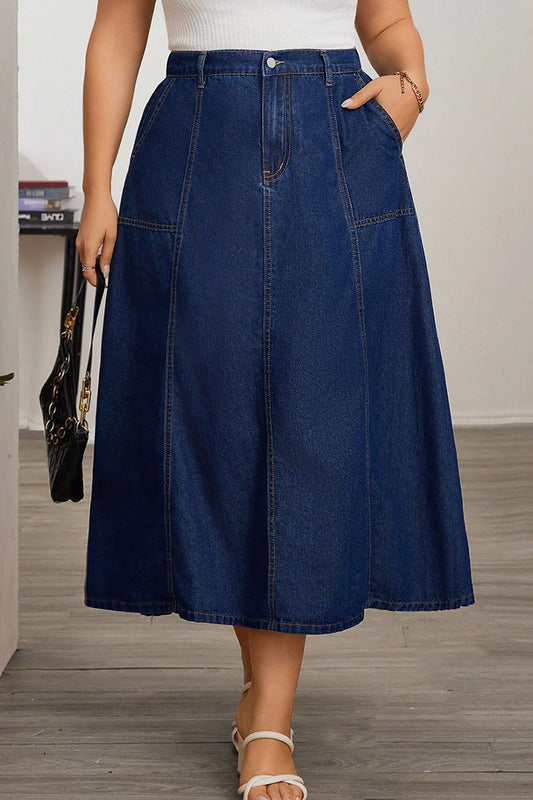 Plus Size High Waist A-Line Denim Maxi Skirt