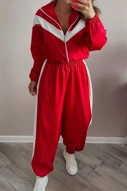 Colorblock Zip Jacket Wide Leg Pants Set