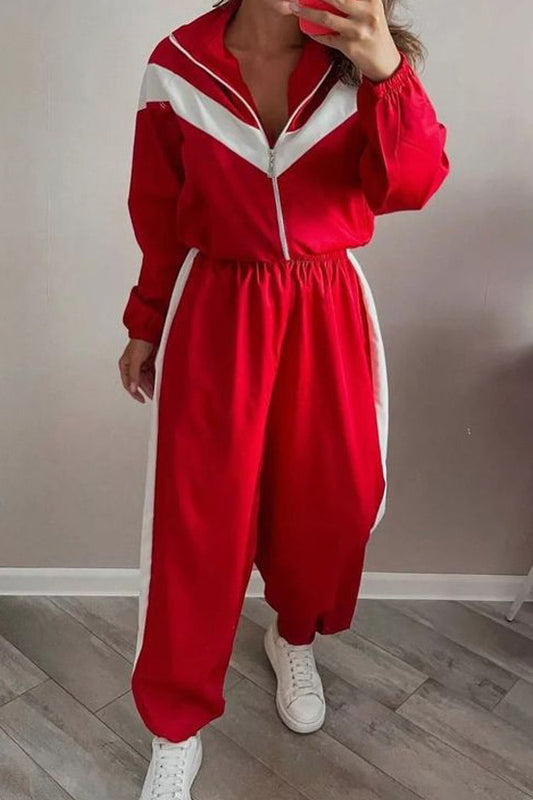 Colorblock Zip Jacket Wide Leg Pants Set