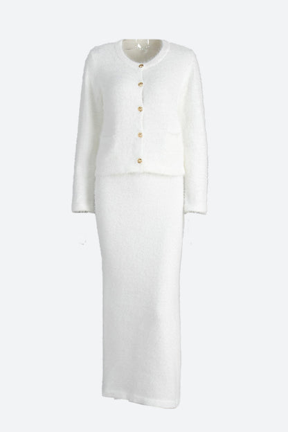 Fuzzy Long Sleeve Button Cardigan and Skirt Set